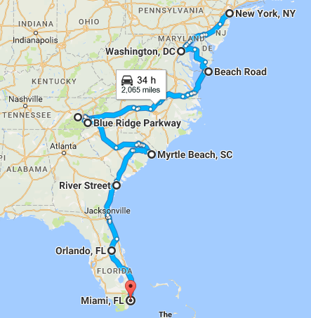 New York to Miami Road Trip Map