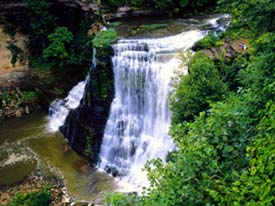 Tennessee, Burgess Falls. Image a distance shot of a waterfall with trees on the right side. Image is in full colour.