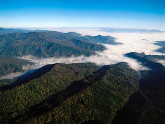 North Carolina - Great Smoky Mountains. Image is of tree covered mountains with clouds in the background, full colour. 